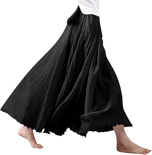 Jupe longue plissée en lin pour femme - En coton et lin - Style bohème - Couleur unie - Pour les loisirs, Noir , taille unique