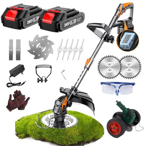 Desbrozadora Electrica Bateria Profesional,Recortadora De Cortabordes Bateria 24v, 4 In1 Cortabordes Bateria con 4 Tipos De Cuchillas, Cabezal Desbrozadora 90° para Césped Jardín Poda (Tiene Ruedas)