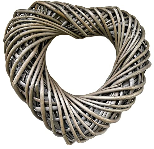 Wicker Love Heart Wreath 30cm Antique Wash Grey Woven Wood Wall Door Hanging Decor