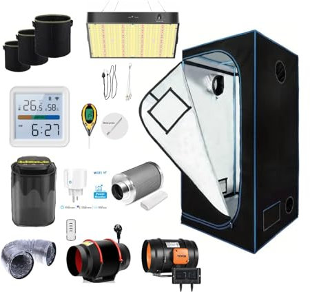 Grow Komplettset mit Vollspektrum LED Lampe 200W Dimmbar, 5 Verschiedene Größen mit Abluft, Sensoren UVM. Growzelt Anzucht Pflanzenzelt Gewächshaus, Komplettset (90x90x180cm)