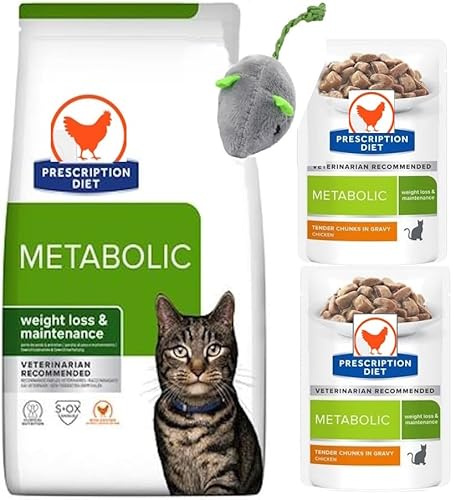 Prescription Diet Feline Metabolic Weight Management Dry Food for Cat (Chicken) 1.5 kg Diet Feline Metabolic wet 2 Pouches and Catnip mouse for your cat