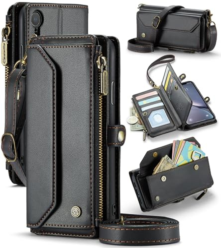 UFinetech Crossbody Wallet Case Hülle für iPhone XR - RFID-Blockierung, Kabelloses Laden, Stoßschutz, Verstellbarer Gurt, Kartenfächer, PU-Leder, Integrierter Ständer, Schwarz