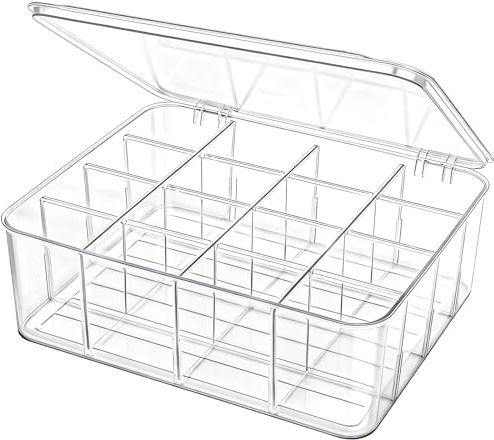 Mezchi Adjustable Sock Underwear Drawer Organizer Dividers, 16 Grid Clear Tea Bag Holder with Lid, Removable Divided Tie Organizer Box, Plastic Storage Bin for Scarves Bras