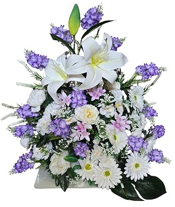 DRW Centre de Fleurs artificielles cimetière, église Mariage sépulture Mauve et Blanche avec gerberas, lys, Lilas et pivoines 65 x 40 x 60 cm