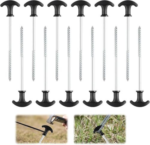 Zelt-Heringe Aus Stahl, 12 Stück Stabile & Sturmsichere Erdnagel für Camping, 21cm Schraubheringe Lange Heringe Robuste Erdnägel mit Gewinde mit T-Griff für Camping und Outdoor Wald Wiesen Sandboden