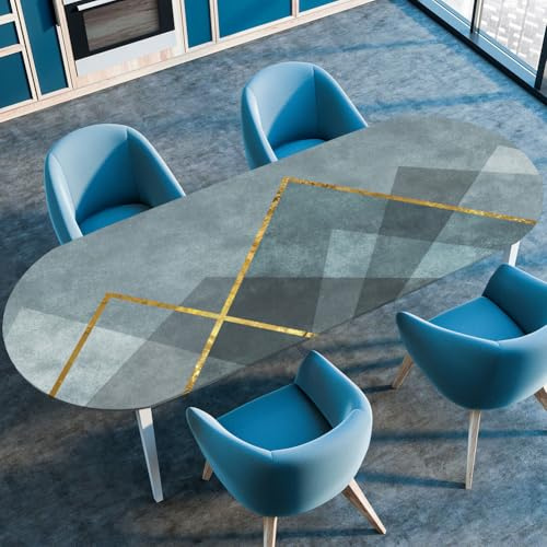 Odot Waschbare Elastische Runde Tischdecke Oval Abwaschbar Spanntischdecke Oval Gartentischdecke 3D Geometrie Outdoor Oval Tischdecke mit Gummizug (107x165cm,Gold)