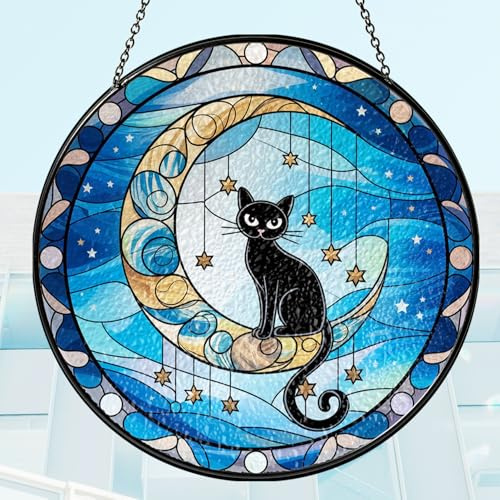19,8 cm schwarze Katze sitzt auf Mond Buntglas-Sonnenfänger, schwarze Katze, Sonnenfänger, Sonnenfänger, Gartendekoration, Einweihungsfeier, Geburtstagsgeschenk für Tierliebhaber, Frauen, Mutter