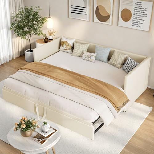 YGHQAP Tagesbett 90x200, Polsterbett Mit Ausziehbett, Sofabett, Schrankbett, Schlafsofa, Couchbett, Kinderbett, Jugendbett, Einzelbett Mit Holzlattenrost, Gästebett, Samt (Beige, 90/180x200CM)