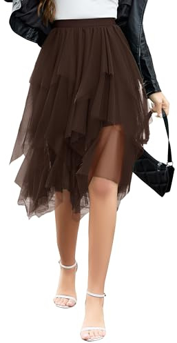 Wikoan Falda de Ulle para Mujer Elegante Vestido Asimétrico de Tres Capas de Tul Transparente con Forro,Falda de Malla Princesa,Marrón Oscuro,XL