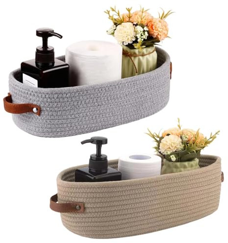 TIANLIN 2er Set Aufbewahrungskorb Geflochten aus Baumwollseil, 1 Grau & 1 Khaki 28×10×10 cm, Kleine Körbe Aufbewahrung mit Ledergriffen für Badezimmer, Schlafzimmer, Küche und Regal