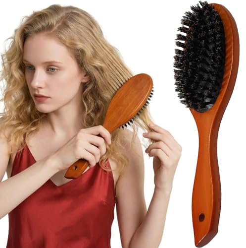 Boar Bristle Hair Brush - Natural Soft Bristles Comb for Fine and Thin Hair, Soft Hair Brush with Wooden Handle, Reduce Frizz Restore Shine For Women Flexible Hair Men Beard Children(Brown, 1 Pcs)