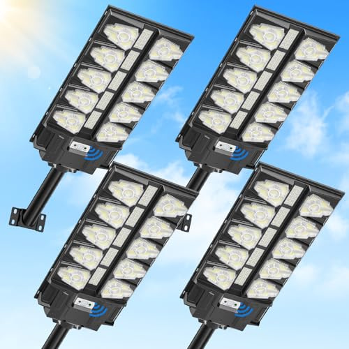 Hondony 4 pièces Lampadaires solaires 2000 W – Applique murale 6 500 K avec télécommande, projecteur LED extérieur avec détecteur de mouvement, pour parking de jardin, du crépuscule à l'aube