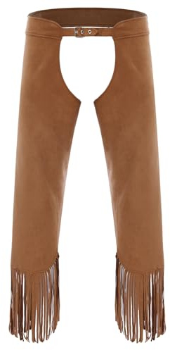 Freebily Mens Vintage Cowboys Cowgirls Chaps Faux Suede Pants Hollow Out Tassel Split Trousers for Halloween Brown XL