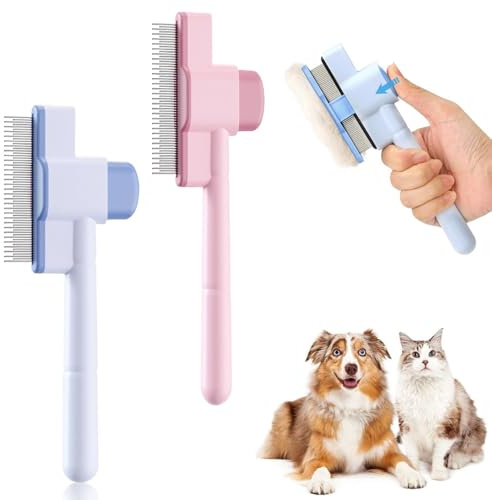 2 Stück Fellblitz Bürste, Selbstreinigender Katzenkamm für Haustiere,Katze Hund Flohkamm,Selbstreinigende Haustierbürste,Kamm Flohkamm Mit Auslöseknopf,für Lang- und Kurzhaar Hunde Katzen und Haustier