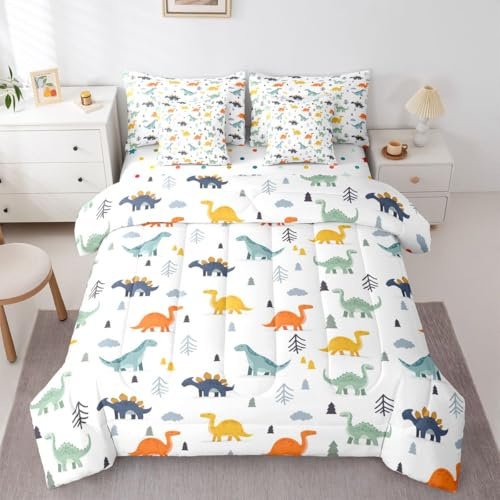 Feelyou Cute Dinosaur Comforter Set Twin Size 7 Pieces Cartoon Dinosaur Bedding Set Kids Boys Girls Wild Animal Bed in a Bag with Comforter, Sheets, Pillowcases, Cushion Covers Jungle Dino Plant