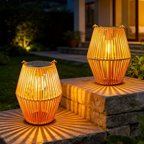 Ollny Solar Lights Outdoor Garden, 2 Pack Hanging Solar Lanterns with LED Bulds, IP44 Waterproof Garden Ornaments Outside Lantern Light for Yard Pathway Patio Decor, Birthday Gifts for Women Unique