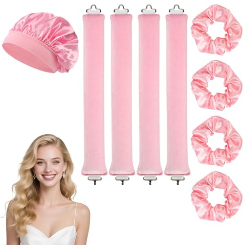 BUTBU 9 PCS Rizador Sin Calor para Cabello, Heatless Hair Curler con Gorro de Dormir, set de Peinado DIY con Banda Rizadora, Overnight Hair Rollers Blowout, para Cabel-lo Largo y Corto, Rosa