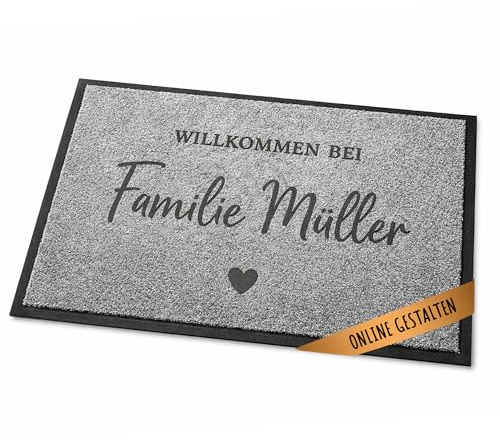Fußmatte personalisiert grau, Wunschtext, Geschenk zum Einzug, 60x40 cm | Für Familie und Paare | zwei Textzeilen frei wählbar | 7 mm Flor | rutschfest | waschbar 30 Grad | innen und außen