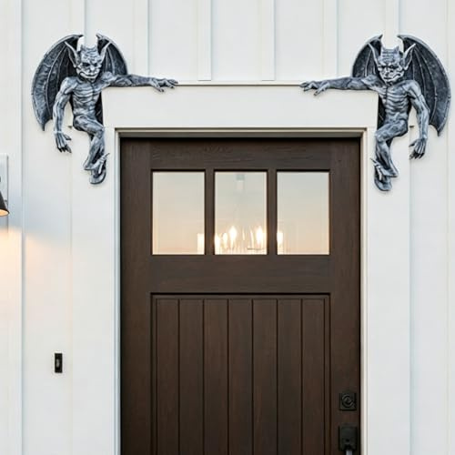 Gothic Gargoyle Statue for Door Frame, Resin Wall Sculpture of Winged Mythical Guardian, Medieval Creature Decor for Home Garden Halloween, Easy to Hang Corner Ornament (Grey)