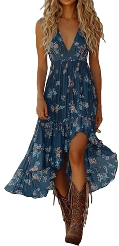Vestido midi de tirantes finos para mujer, cuello en V, estampado floral, ligero, sin mangas, cintura fruncida, estampado floral, dobladillo asimétrico, bohemio, vestido de verano para fiestas y