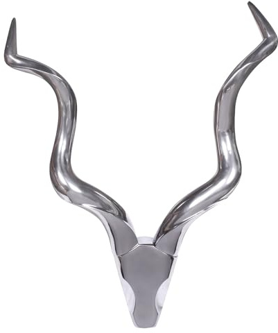FineBuy Deko Hirschgeweih Aluminium Silber, Wanddeko Landhausstil | Hirschkopf aus Metall mit 2 Hörnern, Wandskulptur handgefertigtes Unikat, Wanddekoration für Wohnzimmer und Flur