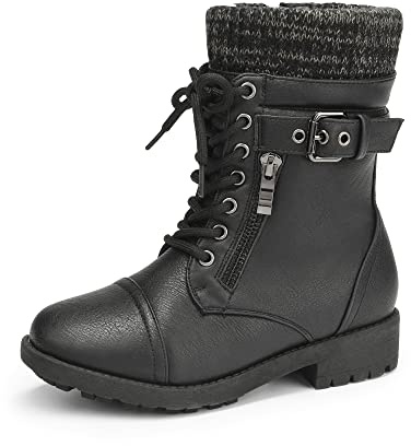 DREAM PAIRS Bottes de combat mi-mollet pour filles avec fermeture éclair latérale, doublées de peluche, chaudes, antidérapantes, pour la neige, bottes d’hiver cheville, Noir , 36 EU