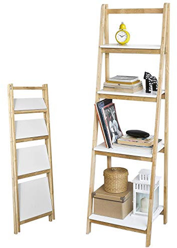SoBuy Étagère Pliable, Étagère Échelle, Meuble de Rangement, Étagère à Livres, Bibliothèque à 4 Niveaux de Rangement pour Salon, Bureau, Chambre, Cuisine, L42xP34xH136cm, Blanc+Naturel, FRG162-N