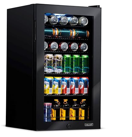 NewAir 126 Can Beverage Refrigerator | Freestanding Small Mini Fridge for Bedroom with Glass Door | Drink Cooler with Adjustable Shelves, Quiet Cooling & Locking Door | Black