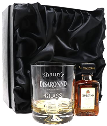 Regalo Personalised Dimple Glass Tumbler & Disaronno 5cl Miniature Gift Set | Custom Laser Engraved with Any Name | 9oz Glass for Amaretto Over Ice | 18+ (Disaronno Amaretto, Silk Lined Gift Box)