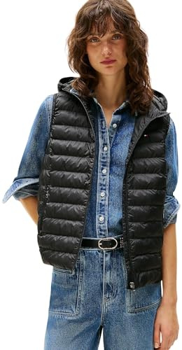 Tommy Hilfiger Damen Weste Padded Global Stripe Vest mit Kapuze, Schwarz (Black), M