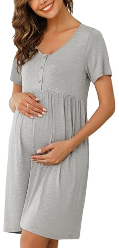 Bresdk Camicia da Notte per Allattamento Donna con Bottoni Estiva Manica Corta Parto Ospedale Morbidi Eleganti Abiti Premaman, Grigio, S