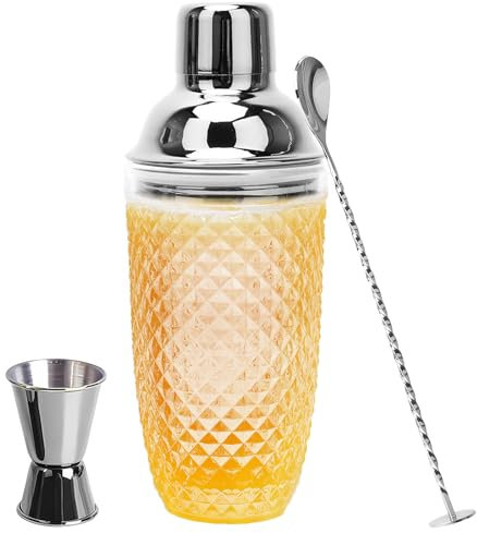 Cocktailshaker, cocktailblandare, 400 ml silver klart glas, cocktailshaker-set, glasmixer med rostfritt stål, mätkopp och spade, glasshaker för hemmet, bar, vin, blandade fruktjuicer, drycker (silver)
