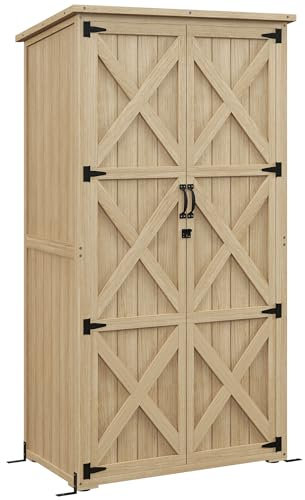 Outsunny Armoire de Jardin, abri Jardin sur Pied, avec 2 étagères, Toit incliné et bitumé, en Bois de pin, 90 x 54,5 x 161/168,5 cm, Bois Naturel