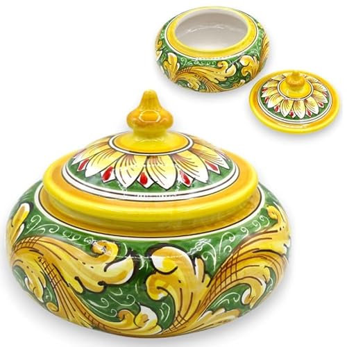 SICILIA BEDDA CAPACI Biscottiera o Portagioie in Ceramica Caltagirone, Ø 20 x h 17 cm ca. Decoro Barocco e Petali su Fondo Verde