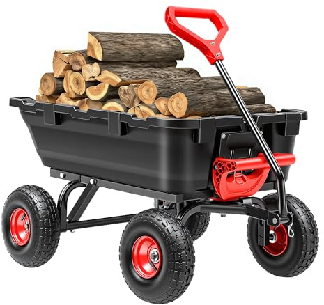 Autodaya 900LB Garden Dump Cart, 2026 Upgraded Heavy Duty Wheelbarrow Cart with 10 Non-Slip Pneumatic Tires & Quick-Release System, 4-Wheel Steel Frame Wagon for Transportation in Yard, Farm, Garden