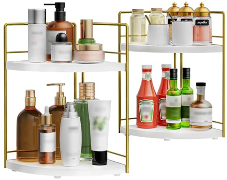 OCPO HOME Organizzatore da Bagno a 2 Ripiani, 2pcs Organizer Profumi, Organizzatore di Cosmetici in Legno, Scaffale Angolare per Cucina, Camera da Letto, Ufficio, Studio (Oro)