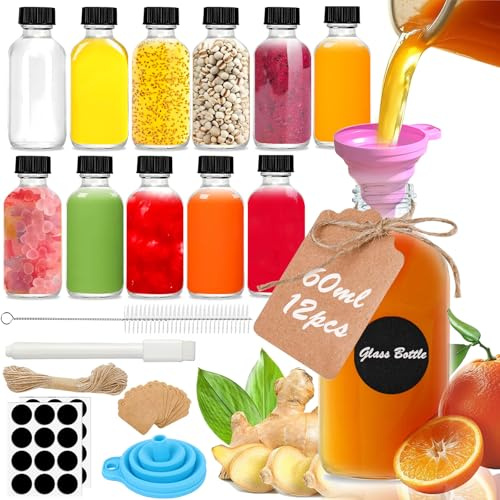 Rliocvhe 12 Piezas Mini Botellas de Cristal con Tapas, Botes Pequeños de Cristal 60ml, Botella de Vidrio Reutilizables Hermética, Shots Botellitas para Jugos, Zumo, Ginger, Especias