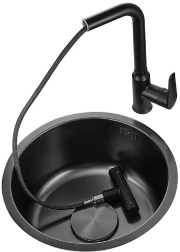 Piccolo lavello rotondo in acciaio inox con rubinetto a cascata, 40 x 40 x 20 cm, ideale per cucina, balcone, bar, isola, sottopiano, lavabo, finitura nera