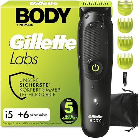 Gillette Labs Body + Intimate Tondeuse Homme i5, Tondeuse Corps et Zone Intime, Étanche, Dotée de la Technologie SkinFirst, Coffret Homme avec 3 Sabots, Batterie Rechargeable Incluse