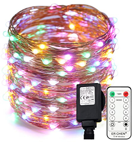 Erchen Strom-betrieben LED Lichterkette, 66 FT 200 LED 20M Stecker dimmbare Kupfer Draht Lichterketten mit 4.5V DC Adapter Fernbedienung für Innen Außen Weihnachten Party (Mehrfarbig)
