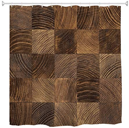 A.Monamour Corte Transversal De Madera De Construcción Bloques De Madera Textura Rústica Piso De Madera Fondos Tejido De Poliéster Conjunto De Cortina De Ducha con Ganchos para Baño 180x200 cm