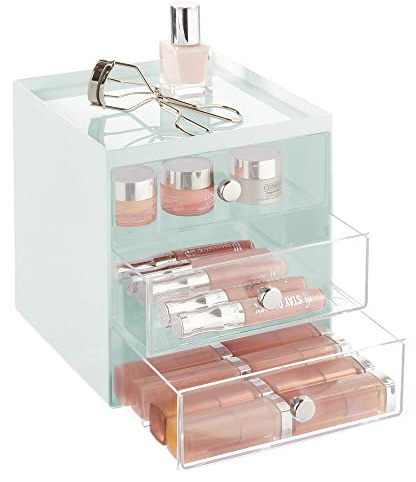 mDesign Make-up Organizer – stapelbare Aufbewahrungsbox mit 3 Schubladen für Mascara, Puder, Nagellack und mehr – Schubladenbox für Badezimmer, Schminktisch oder Büro – mintgrün und durchsichtig