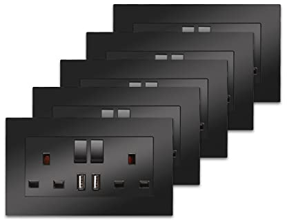 5 Pack CNBINGO Double Switched Socket with 2 USB Charging Ports, 2 Gang 13 Amp Electric Power Socket, Black PC Plate Wall Outlet