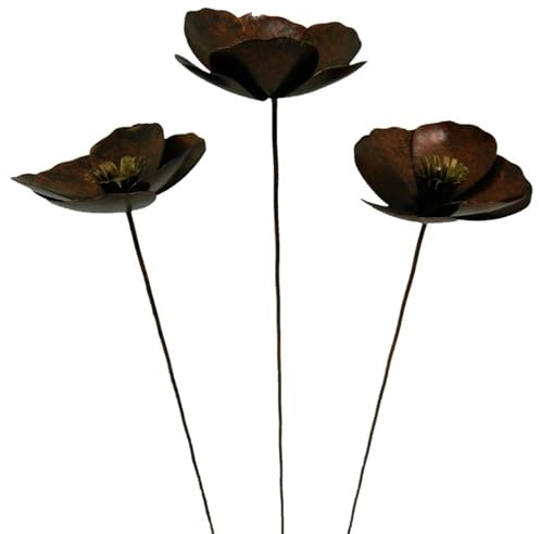 Handcrafted Metal Poppy Flower Garden Ornaments, Set of Three, 100cm Tall - Bronze Colour - Outdoor Garden Decorations for Borders, Pots, Flower Beds & Memorials , Fairly Traded Decor - Bronze Poppy