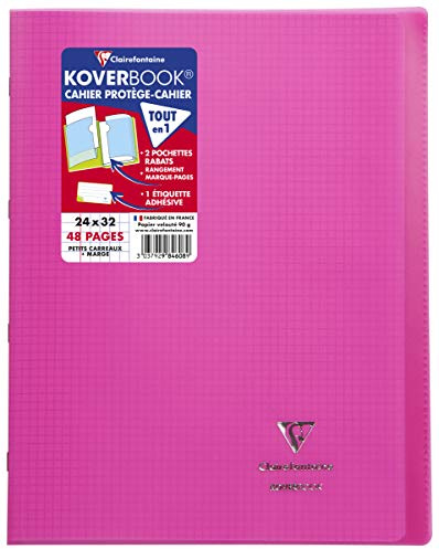 Clairefontaine 984608C - Heft / Notizbuch Koverbook, DIN A4+, 24x32 cm, 48 Blatt 90g, kariert mit Rand, Einband aus transparentem Polypropylen, Rosa, 1 Stück