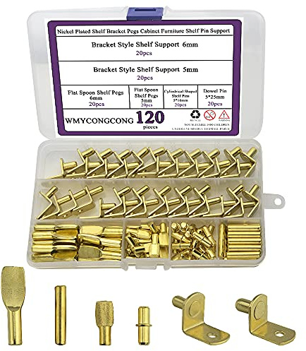 WMYCONGCONG 120 Pcs Regalhalterungsstifte Set, 4 verschiedene Arten von Regalstiften, Regalstützen, Schrankregalhaltern, Stiften für Regale, Bücherregale, Kleiderschränke, Metall, vernickelt