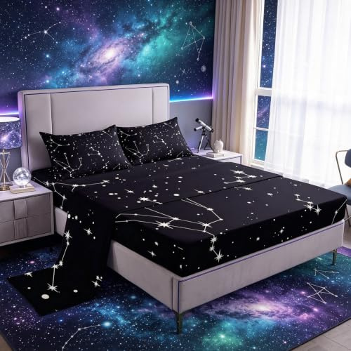Juego de sábanas de Galaxia tamaño Individual para niños y niñas, Juego de Ropa de Cama de Cielo Estrellado con constelación de Estrellas Individuales, Juego de sábanas de Microfibra súper Suave, tra