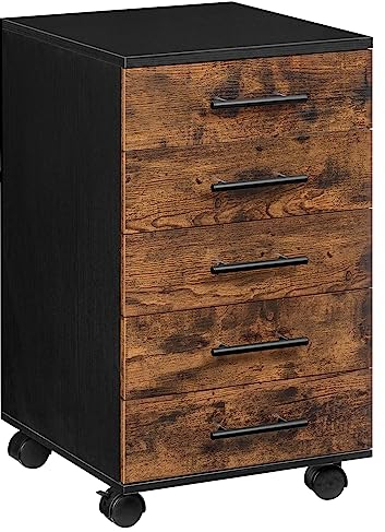 HOOBRO Aktenschrank, Rollcontainer mit 5 Schubladen, Holz Büroschrank, Kommode Aufbewahrungsschrank, Industrie Stil Einfache Montage Rustikal, Dunkelbraun und Schwarz EBF05WJ01G1