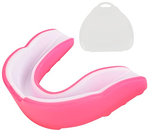 AIBAOBAO Mouth Guard, Adults and Junior Gum Shield with Case, Slim Fit Professional Mouthguard for Football, Boxing, MMA, Rugby, Martial Arts, Judo, Karate, Hockey, Wrestling (Pink-White)