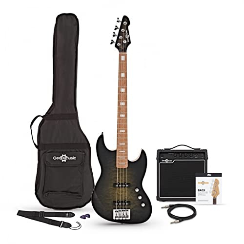 LA II Select Bassgitarre mit 15W Verstärker von Gear4music Moss Burst | Eschenkorpus mit Geröstetem Ahornhals, Lineare Humbucker-Tonabnehmer, Stahl-Steg, 15W-Verstärker Inklusive